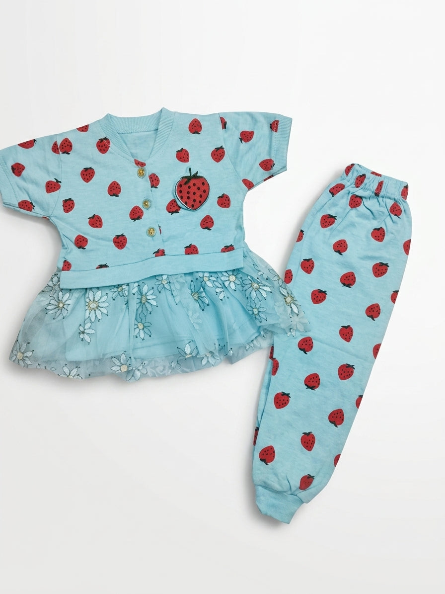 Baby Girl Strawberry Print Malai Cotton Frock – Summer Collection (1–2 Years)