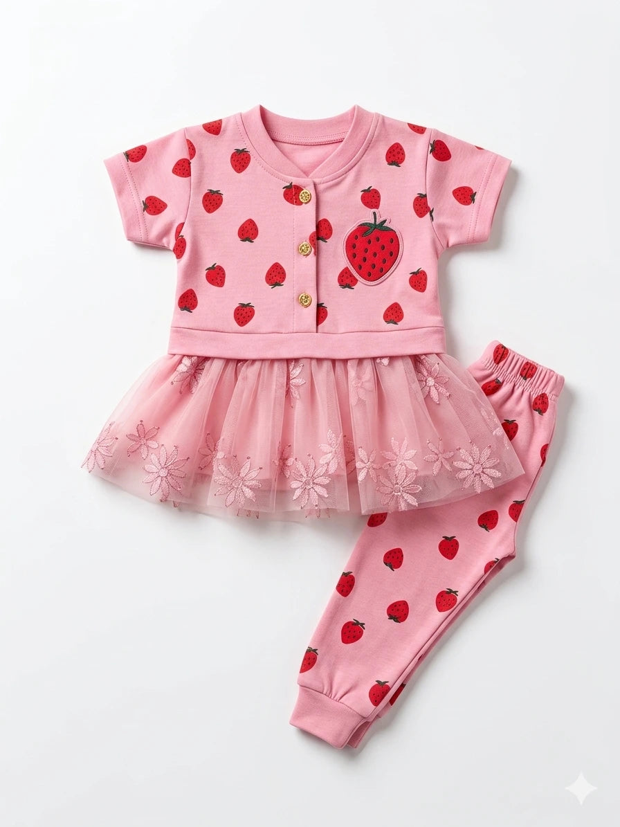 Baby Girl Strawberry Print Malai Cotton Shirt & Trouser Set – Summer Collection (6-12 Months)