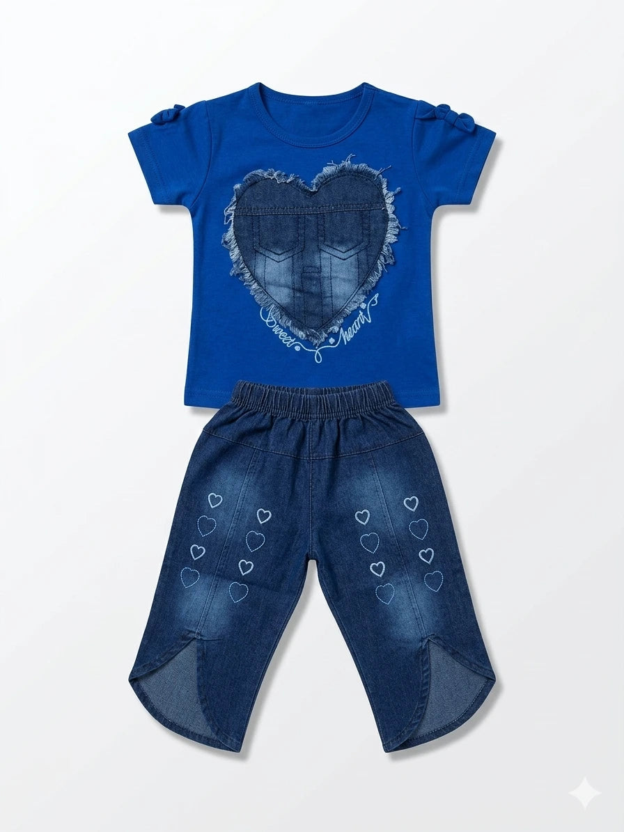 Baby Girl Malai Cotton Shirt & Denim Long Nicker Set with Heart Appliqué – Summer Collection