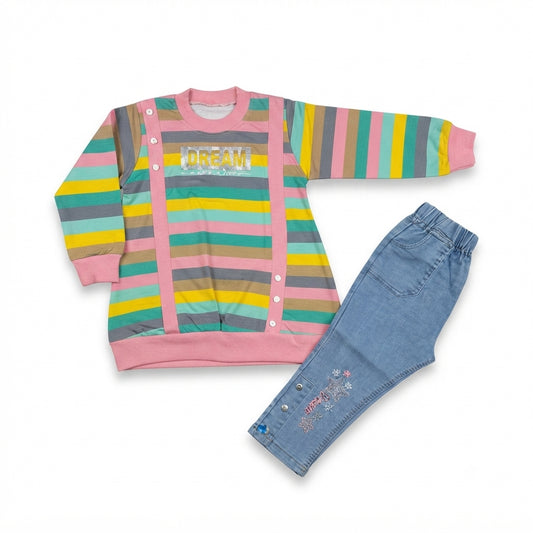 Designer Terry Sweatshirt with Embroidered Denim Jeans Set for Baby Girls (7 Years)