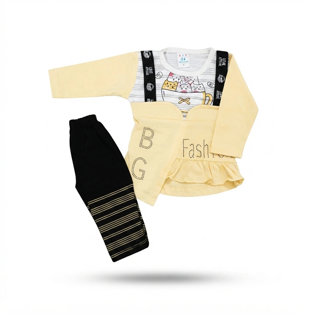 Adorable Baby Girl Malai Stuff 3-Piece Suit with Stylish Layered Top & Leggings – 6 Months
