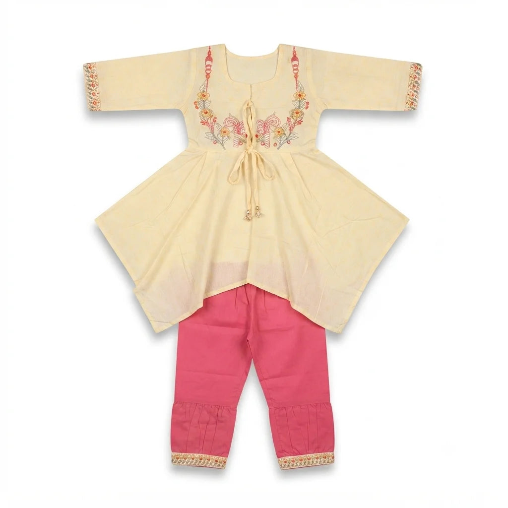 Premium Embroidered Cotton Frock with Contrast Trouser – Designer Girls Outfit (5 Years)