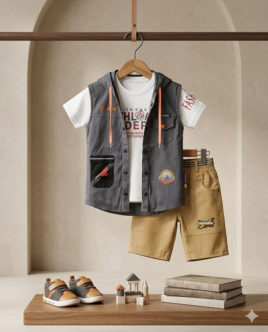 Baby Boy 3 Piece Summer Set – White Malai Cotton Half Sleeve Shirt, Hooded Sleeveless Jacket & Cotton Long Shorts (3-4 Years)
