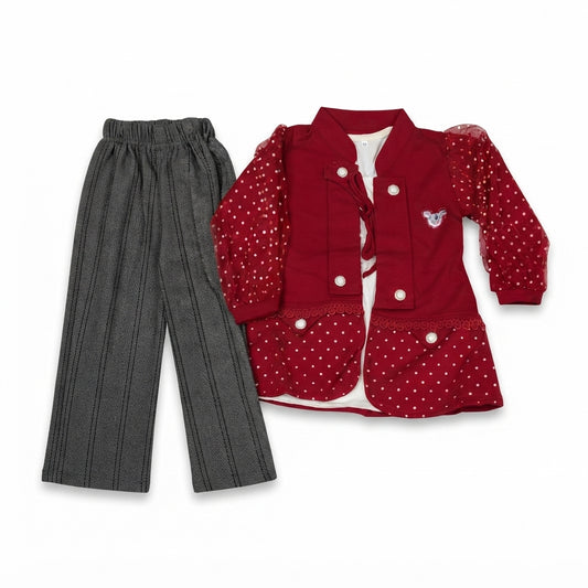 Baby Girls Premium Red 3 Piece Outfit | Inner Top, Fashion Coat & Trouser | 4 Years
