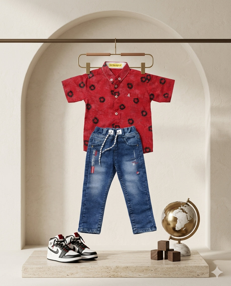 Baby Boy Printed Half Sleeve Shirt & Denim Trouser Set – Summer Collection (1 Year)
