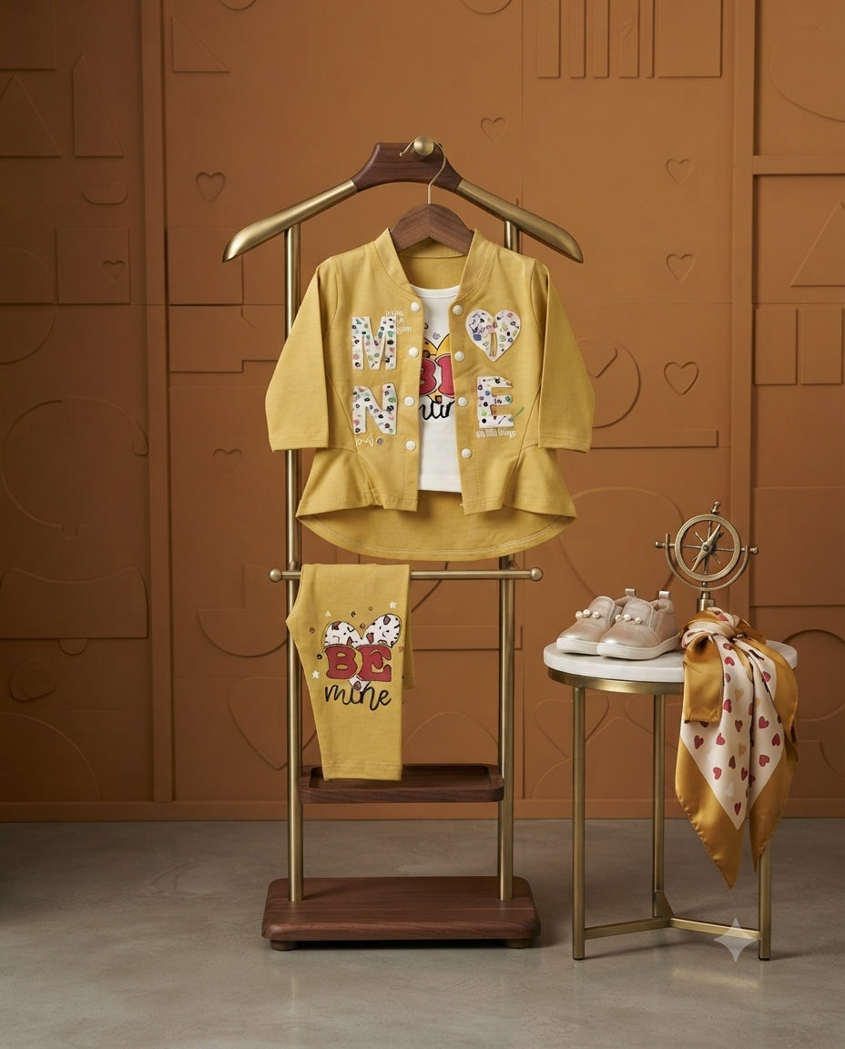 Baby Girls Mustard Malai 3 Piece Outfit – Inner T-Shirt, Jacket & Trouser Set (6–12 Months)