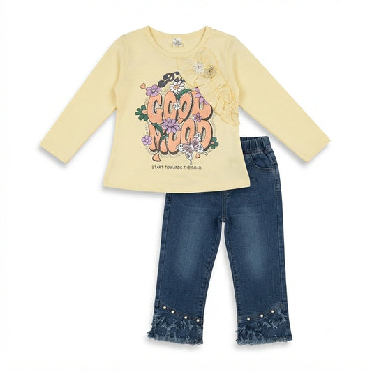 Baby Girls 2 Piece Winter Dress – Yellow Malai Shirt with Denim Trouser (1-2 Years)