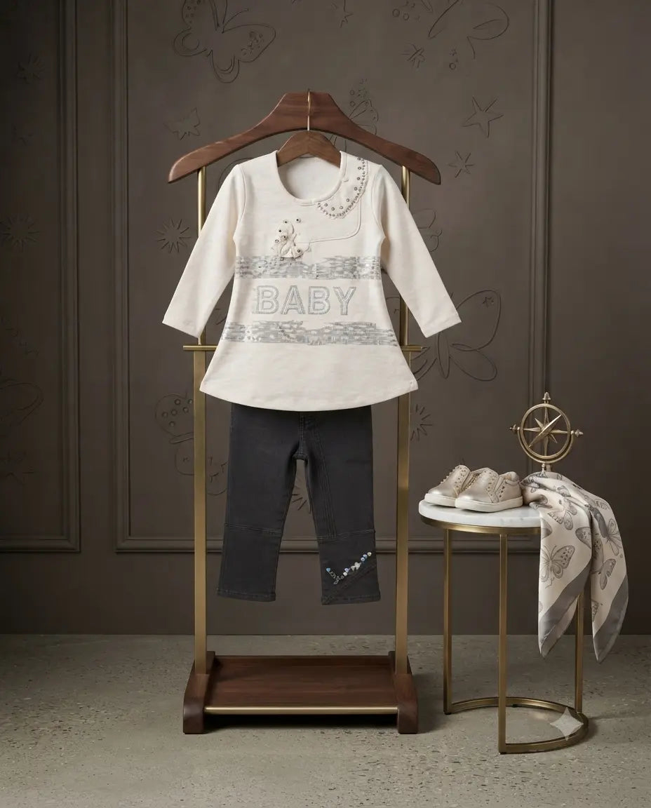 Elegant Malai Long Shirt with Contrast Trouser Set for Baby Girls (7 Years)