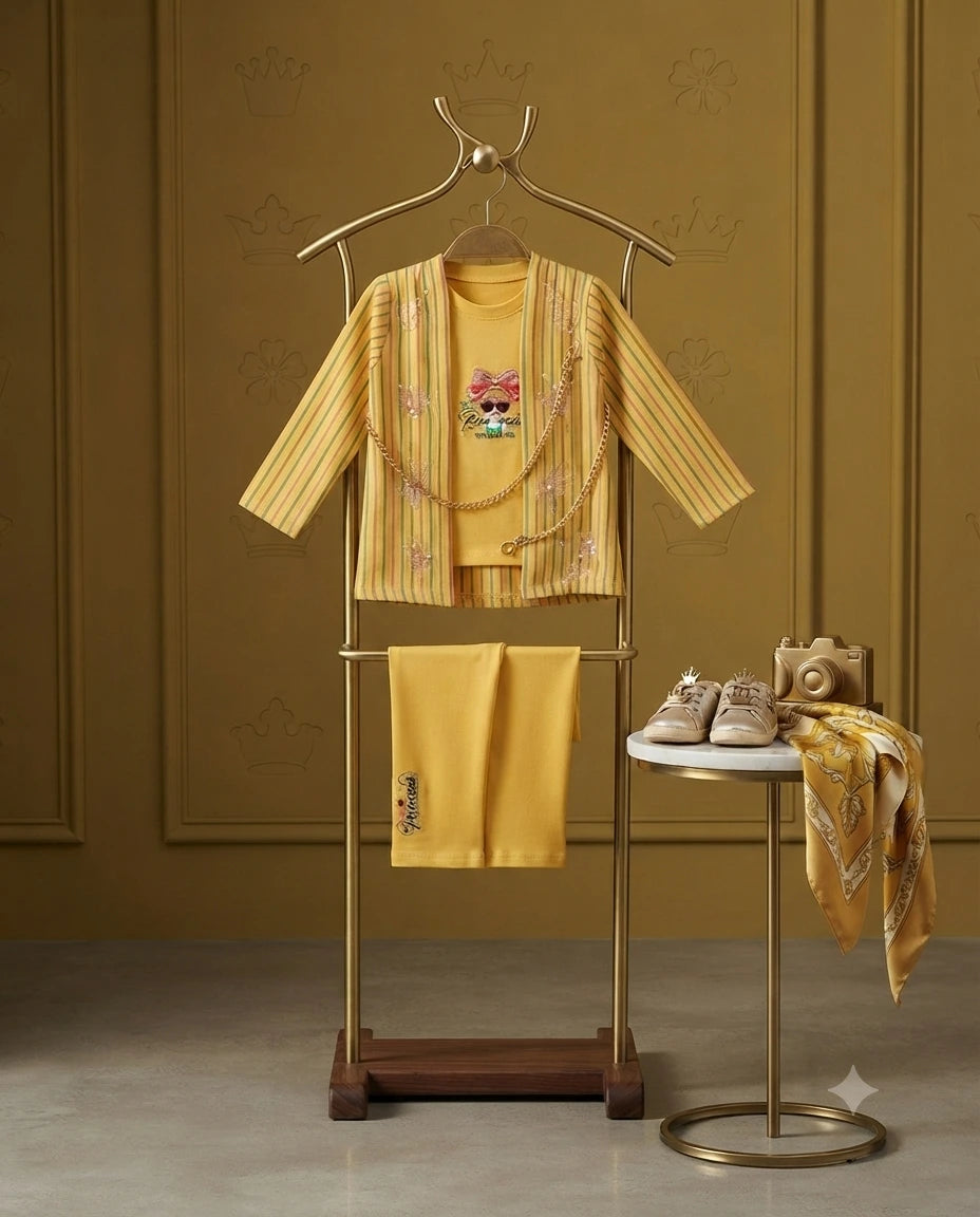 Baby Girls 3 Piece Yellow Casual Suit with Striped Coat | Premium Cotton |4 Years