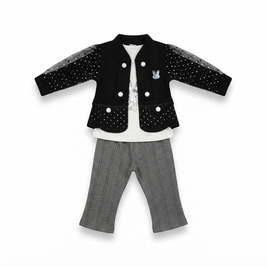 Baby Girls 3 Piece Winter Dress – Black Coat, Inner Shirt & Grey Trouser Set (1-2 Years)