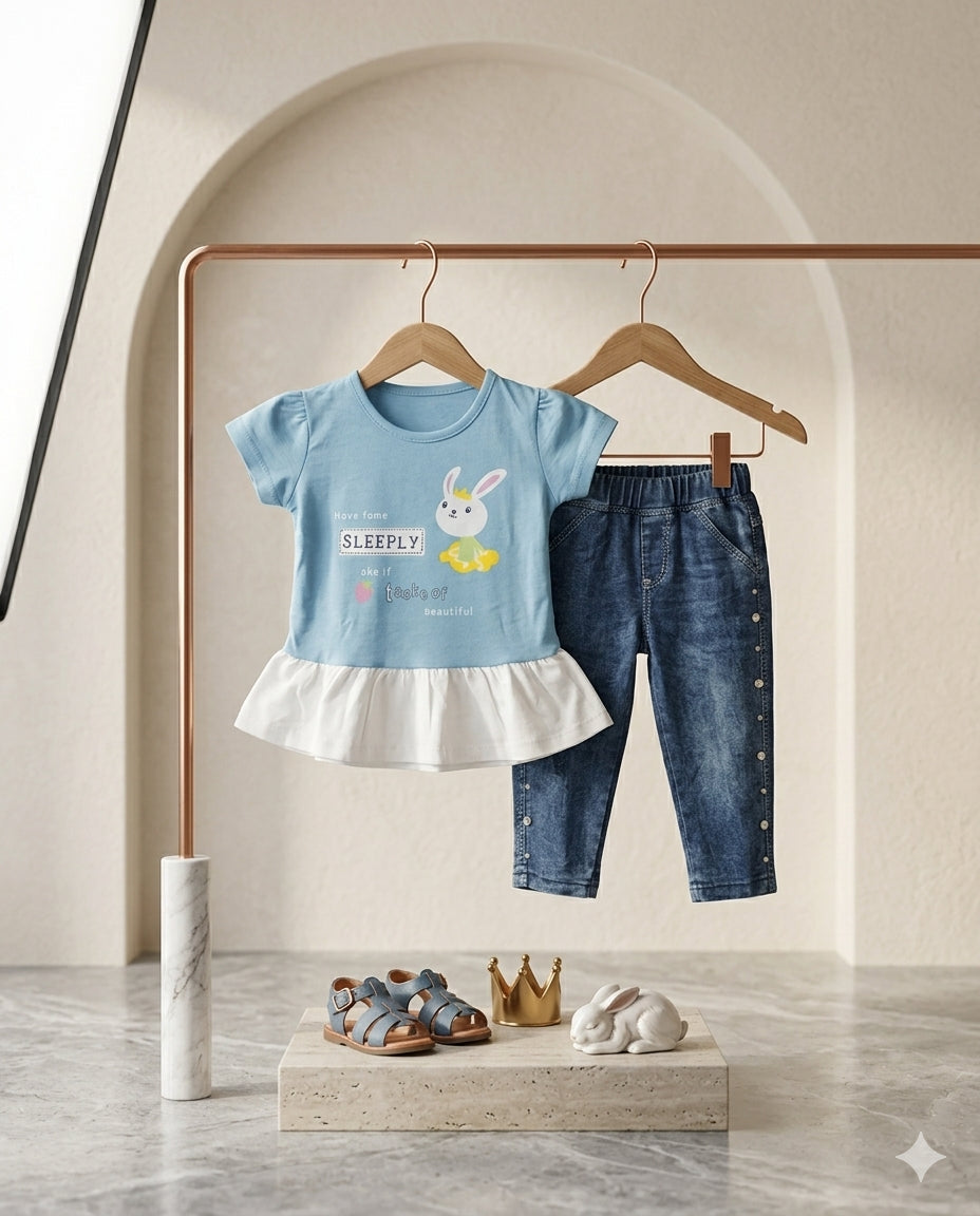 Baby Girl Malai Cotton T-Shirt Style Frock & Pant Set – Summer Collection (1–2 Years)