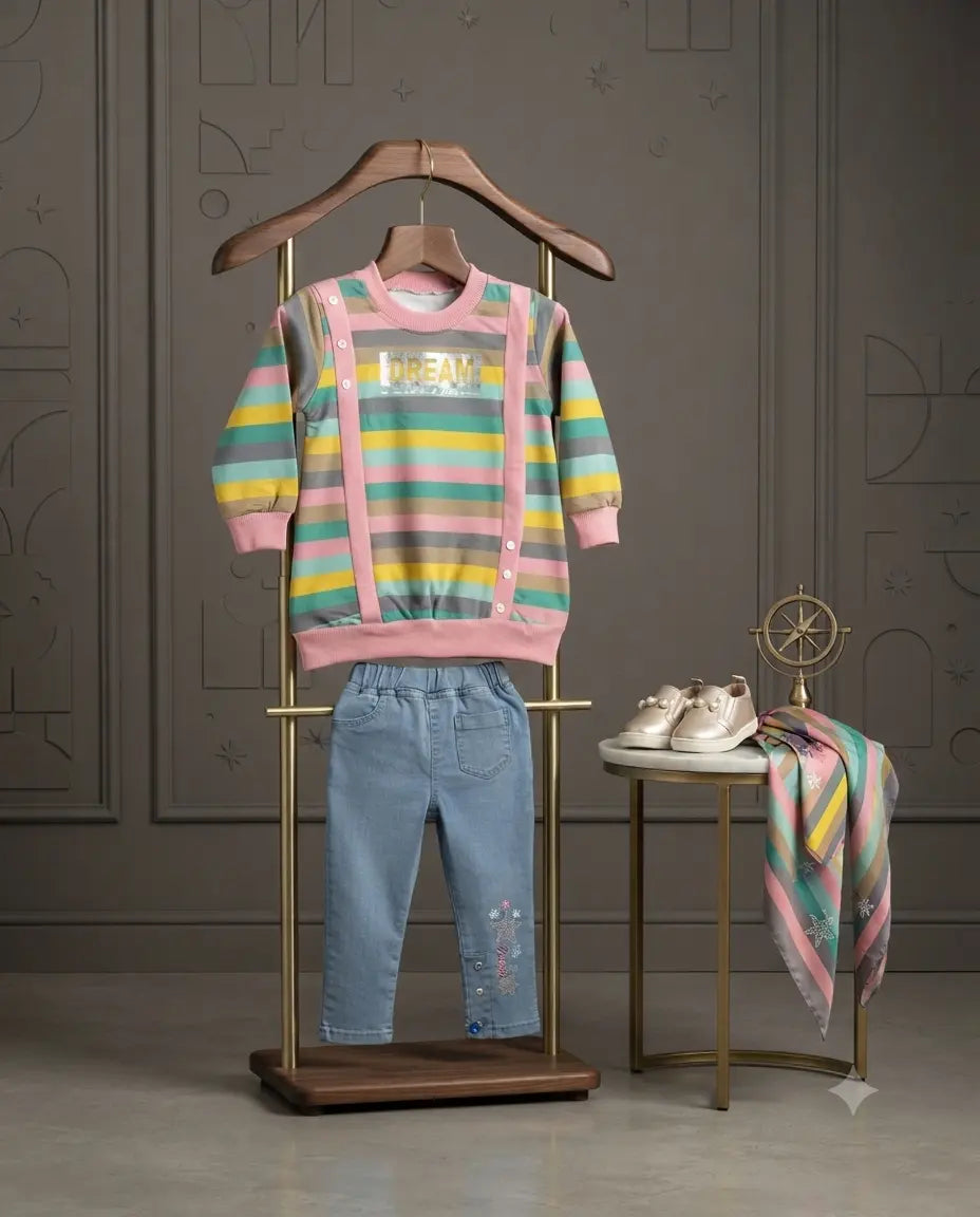 Designer Terry Sweatshirt with Embroidered Denim Jeans Set for Baby Girls (7 Years)