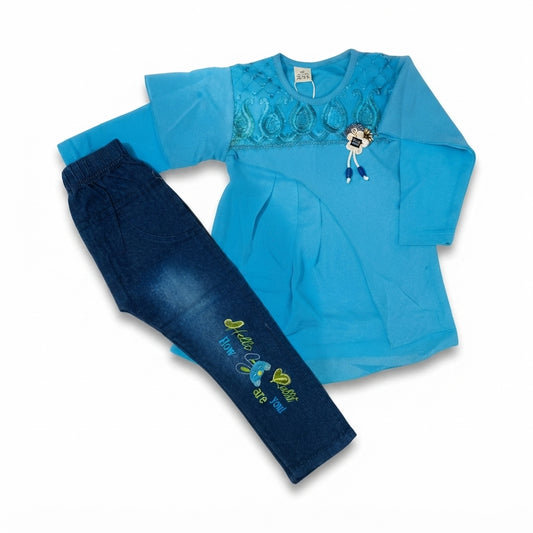 Baby Girls Chiffon Style Shirt with Denim Pants | 2 Piece Dress | 4 Years