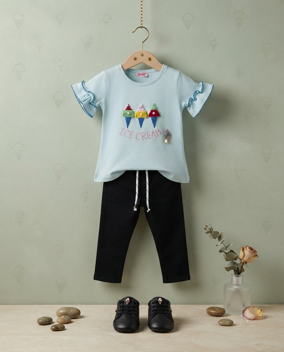 Girls Malai Fabric T-Shirt with Plain Black Pants 2-Piece Set