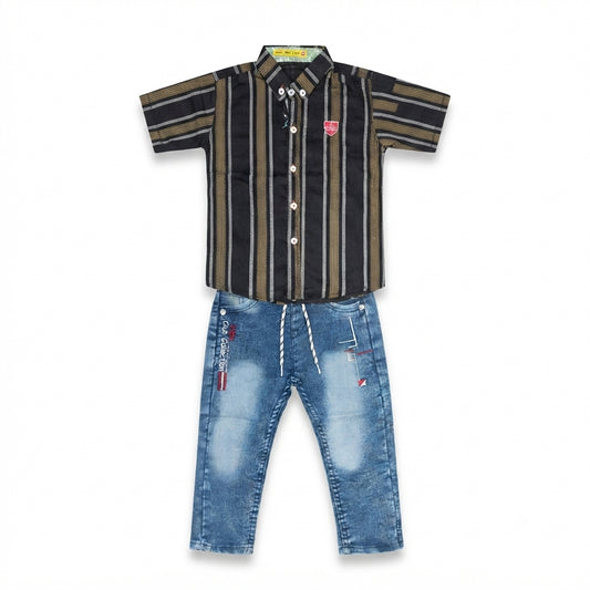 Boys Striped Casual Shirt with Denim Jeans 2-Piece Set