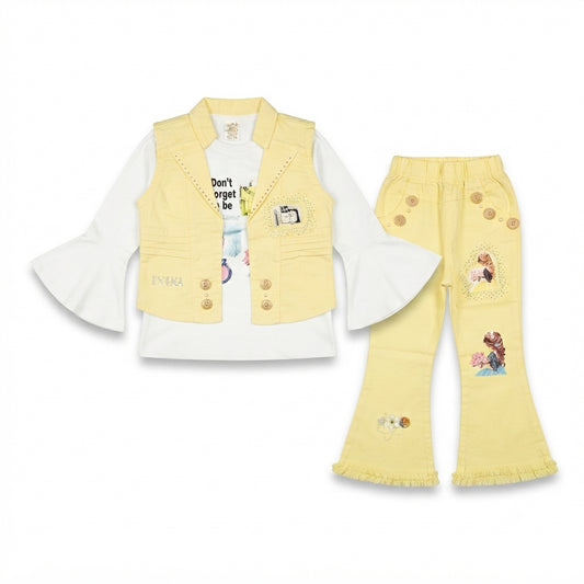 Girls 3-Piece Embellished Vest Set with Flared Sleeves & Wide-Leg Pants