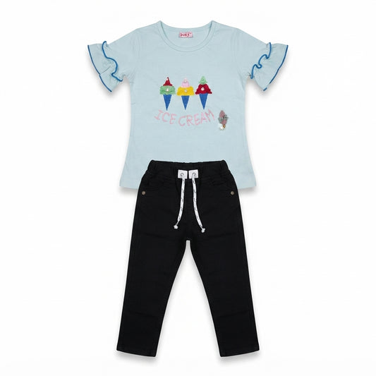 Girls Malai Fabric T-Shirt with Plain Black Pants 2-Piece Set