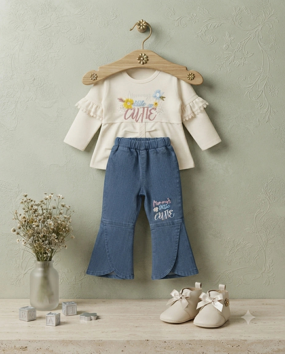 Girls Malai Stuff 2 Piece Dress with Denim Bell Bottom – Cream & Blue | 2 Years