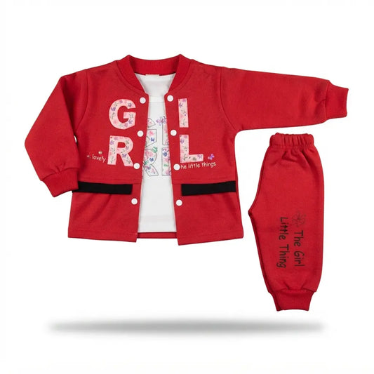 Baby Girls Red Interlock 2 Piece Suit – Attached Inner Design (6–12 Months)