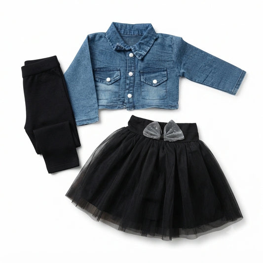 Baby Girls 3 Piece Denim Jacket with Tutu Skirt & Leggings Set | Party Wear | 4 Years