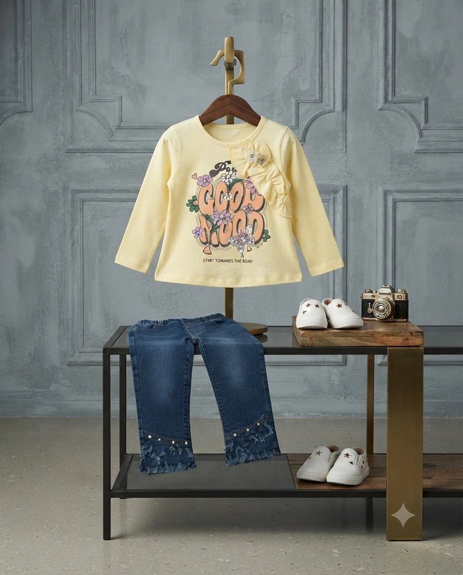 Baby Girls 2 Piece Winter Dress – Yellow Malai Shirt with Denim Trouser (1-2 Years)