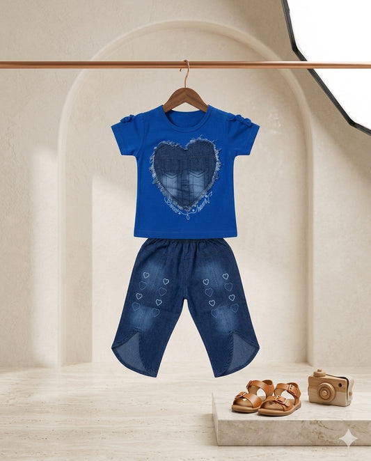 Baby Girl Malai Cotton Shirt & Denim Long Nicker Set with Heart Appliqué – Summer Collection