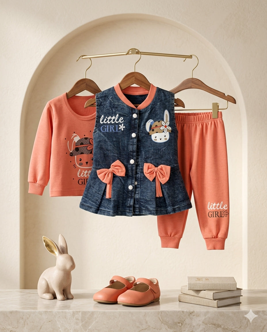 Sweet Little Girl Interlock 3-Piece Set with Denim Jacket & Jogger – Kids Outfit