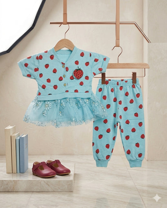 Baby Girl Strawberry Print Malai Cotton Frock – Summer Collection (1–2 Years)