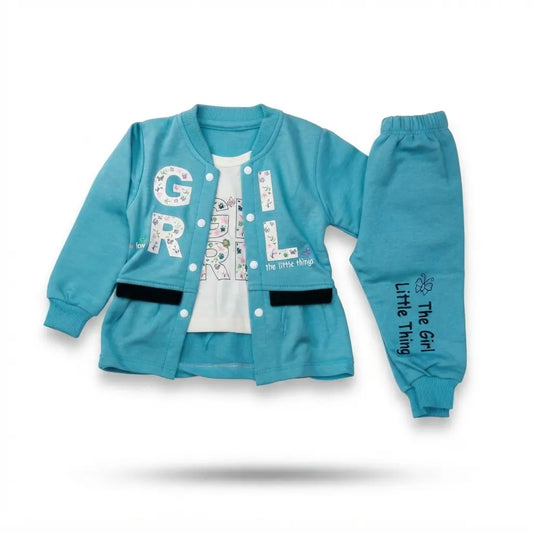 Baby Girls Premium Sky Blue Interlock 2.5 Piece Outfit | Attached Inner Design | 6–12 Months