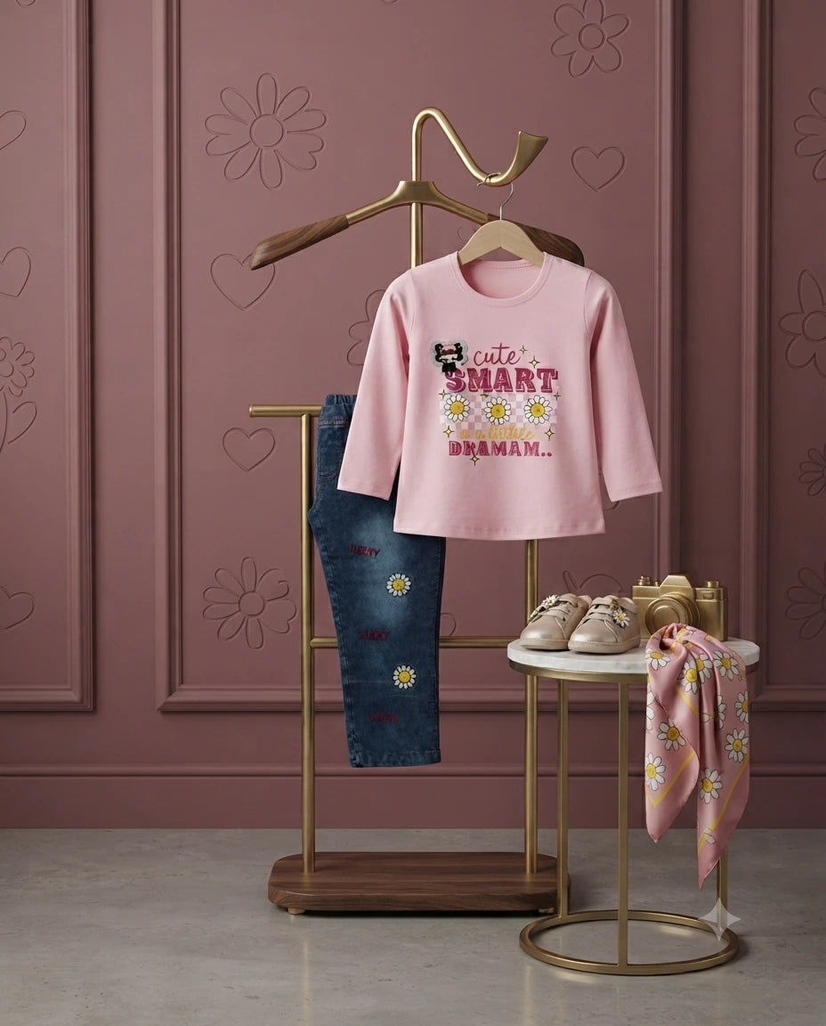 Chic Little Girl Malai Stuff Printed Shirt with Stylish Denim Jeans – 4 Year
