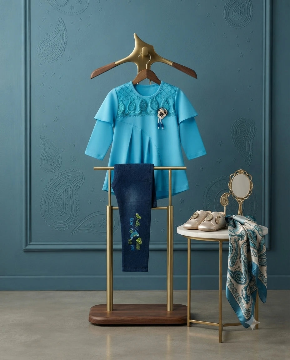 Baby Girls Chiffon Style Shirt with Denim Pants | 2 Piece Dress | 4 Years