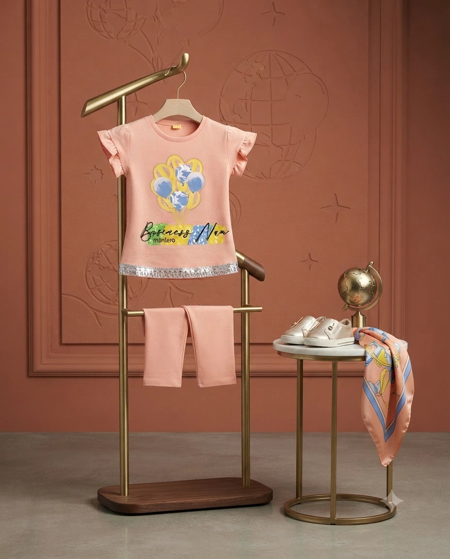 Baby Girls Peach Malai 2 Piece Outfit – Printed Top & Trouser Set (6–12 Months)