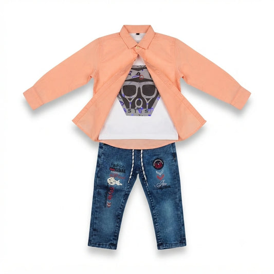 Classic Self-Design Cotton Shirt with Attached Inner & Denim Jeans Set for Baby Boys (2–3 Years)