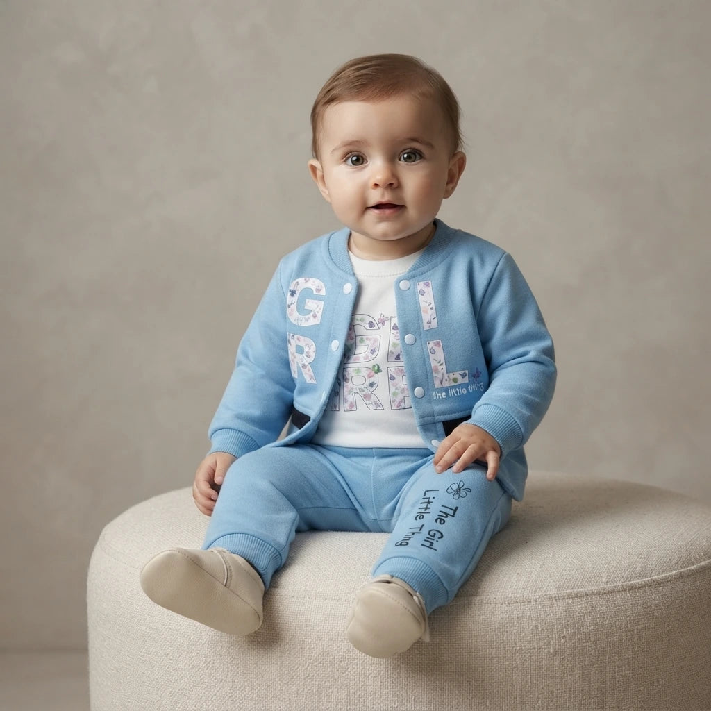 Baby Girls Premium Sky Blue Interlock 2.5 Piece Outfit | Attached Inner Design | 6–12 Months