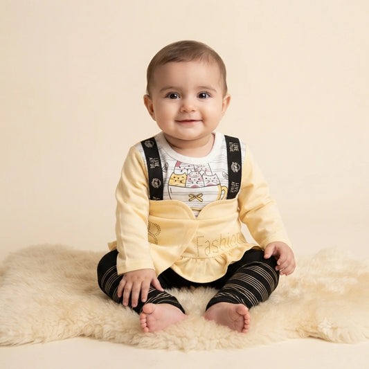 Adorable Baby Girl Malai Stuff 3-Piece Suit with Stylish Layered Top & Leggings – 6 Months