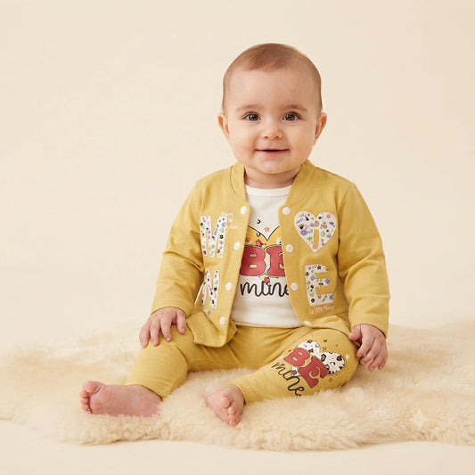 Baby Girls Mustard Malai 3 Piece Outfit – Inner T-Shirt, Jacket & Trouser Set (6–12 Months)