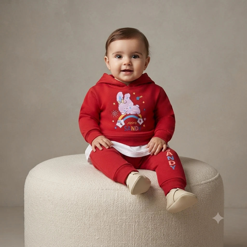 Baby Girls Premium Red Interlock Hoodie & Trouser Set | 6–12 Months | Mid Season Wear