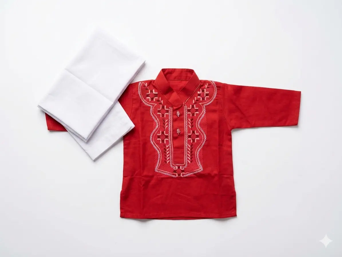 Baby Boy Red Cotton Kurta with White Shalwar Set – Summer Collection (1–2 Years)