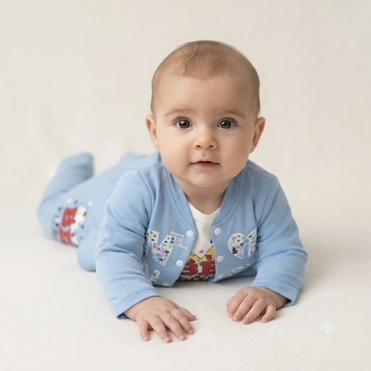 Baby Girls Sky Blue Malai 3 Piece Outfit – Printed T-Shirt, Jacket & Trouser Set (6–12 Months)