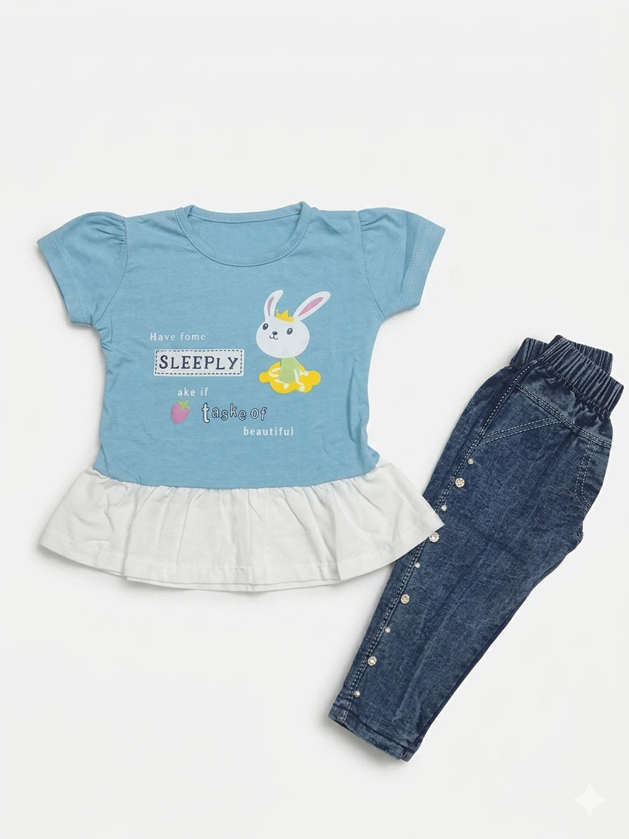Baby Girl Malai Cotton T-Shirt Style Frock & Pant Set – Summer Collection (1–2 Years)