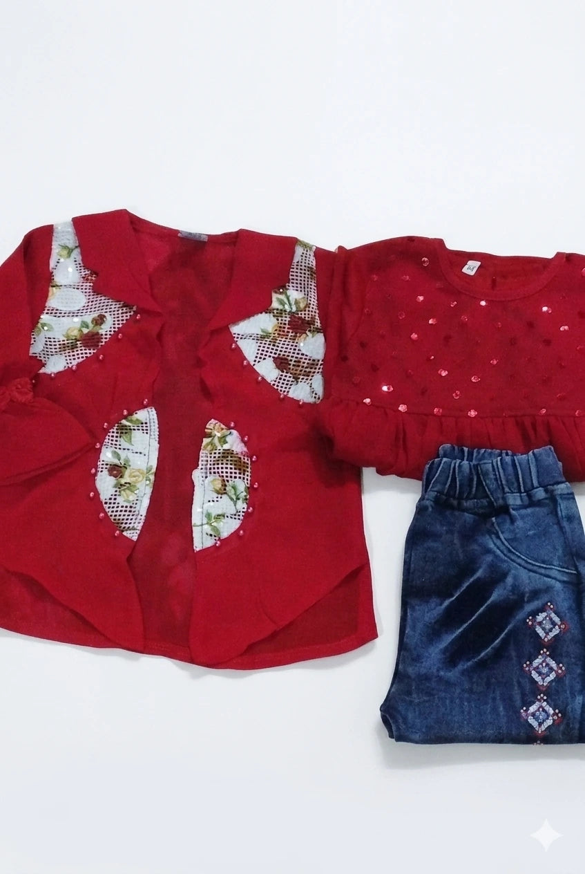 Baby Girl Chiffon 3 Piece Set with Denim Pant – Summer Collection (4 Years)