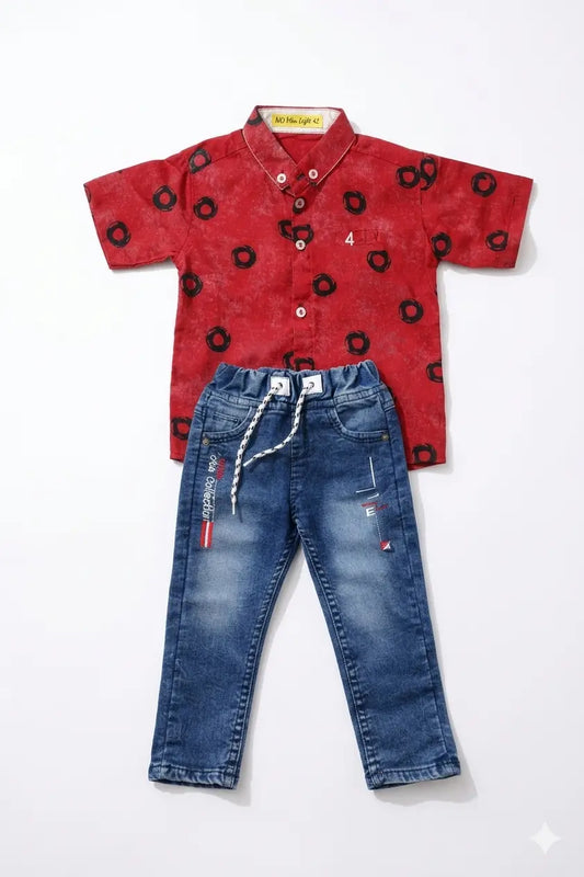 Baby Boy Printed Half Sleeve Shirt &  Denim Trouser Set – Summer Collection (1 Year)