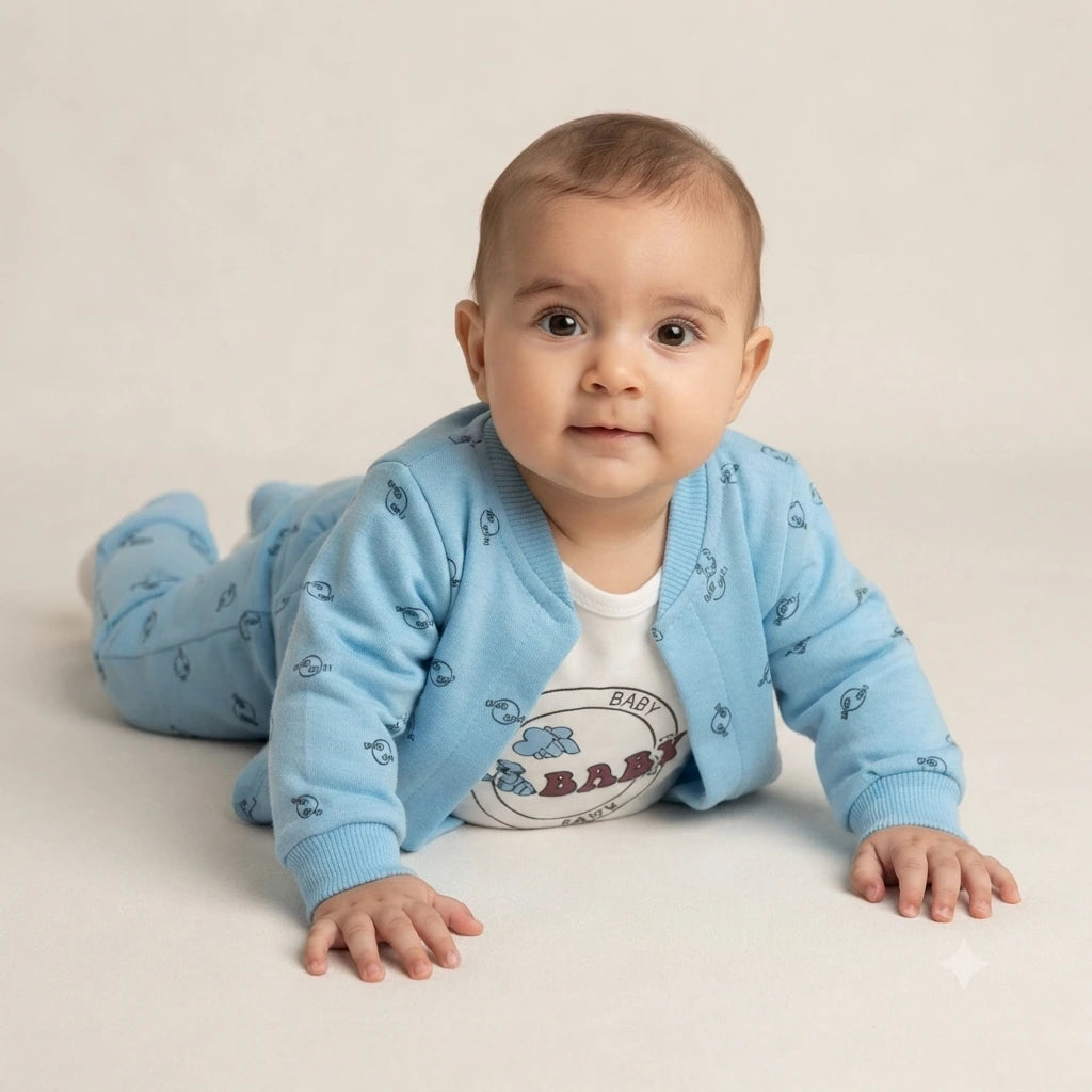 Baby Girls Premium Interlock 3 Piece Outfit | Sky Blue Jacket, Inner T-Shirt & Trouser | 6–12 Months