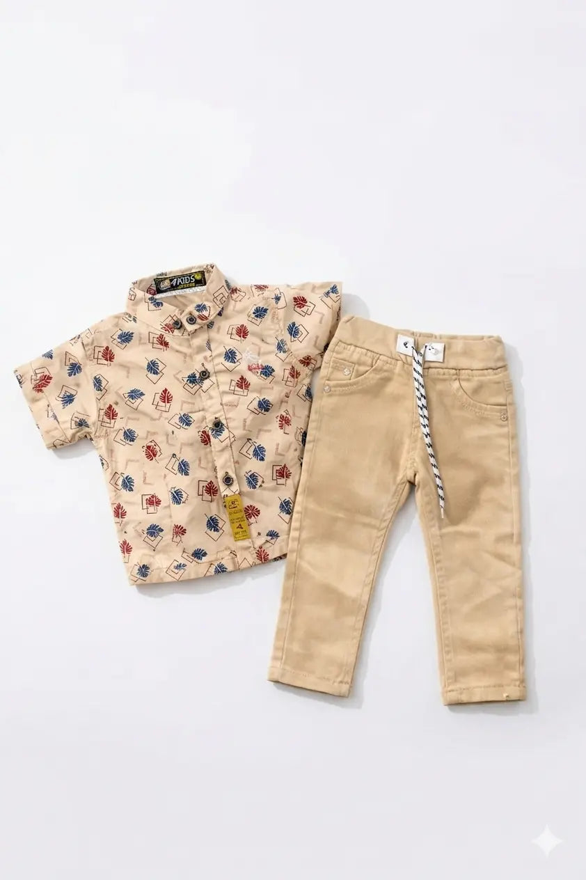 Baby Boy Printed Cotton Half Sleeve Shirt & Plain Trouser Set – Summer Collection (1 Years)