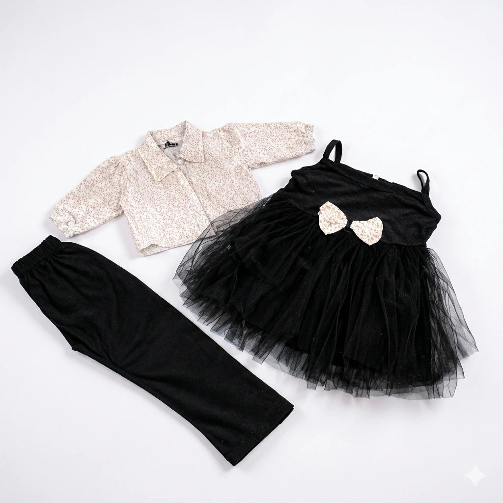 Baby Girl 3 Piece Net Frock Set with Chiffon Upper & Pajama – Summer Collection (4 Years)