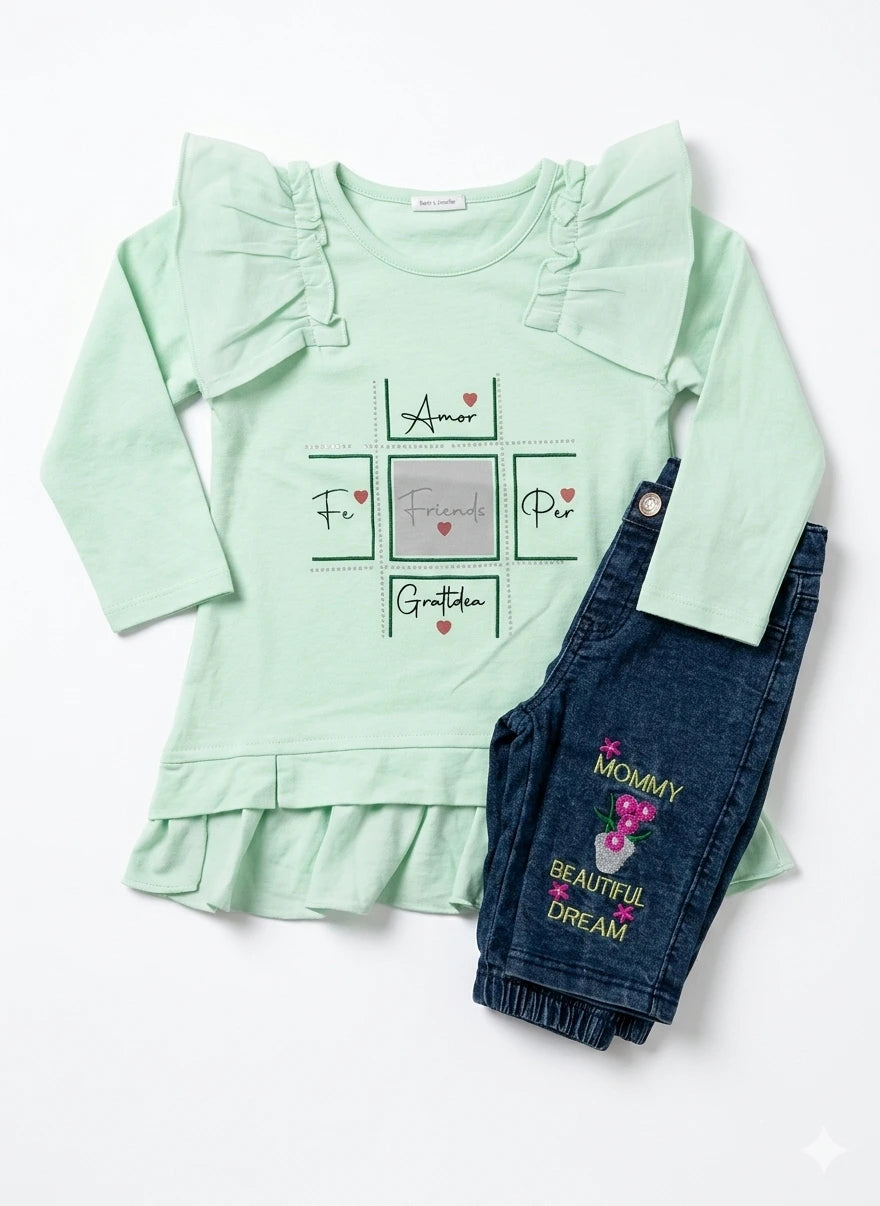 Baby Girl Malai Cotton Full Sleeve Shirt & Pant Set – Summer Collection (4 Years)
