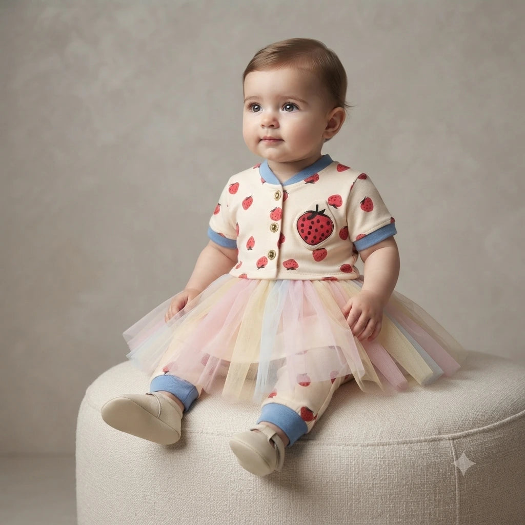 Baby Girls Malai Strawberry Print Tutu Dress Set – 2 Piece Outfit (6–12 Months)