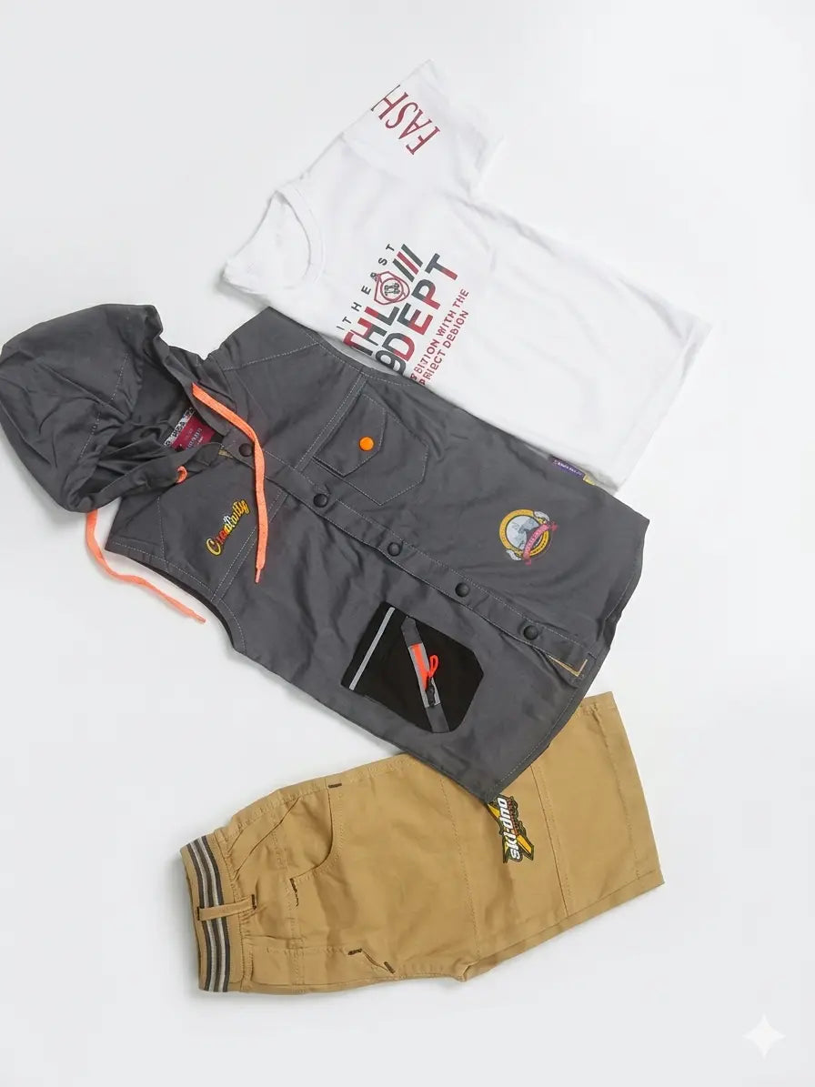 Baby Boy 3 Piece Summer Set – White Malai Cotton Half Sleeve Shirt, Hooded Sleeveless Jacket & Cotton Long Shorts (3-4 Years)