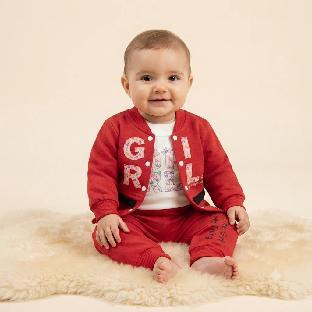 Baby Girls Red Interlock 2 Piece Suit – Attached Inner Design (6–12 Months)