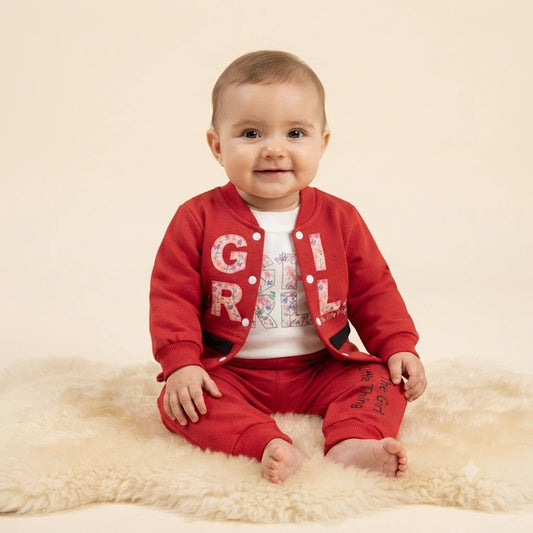Baby Girls Red Interlock 2 Piece Suit – Attached Inner Design (6–12 Months)